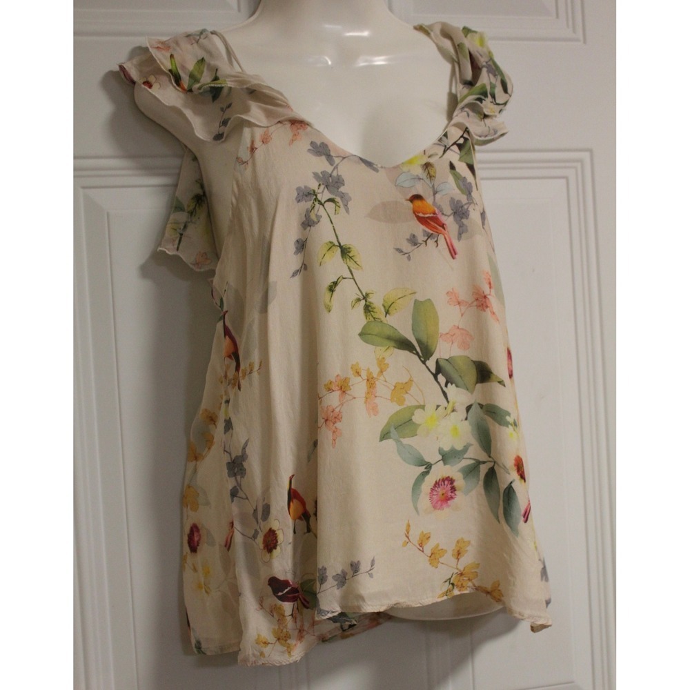 Lisa & Lucy Floral Bird Print Ruffle V-Neck Camisole Tank Top Cream Size M - Picture 10 of 11